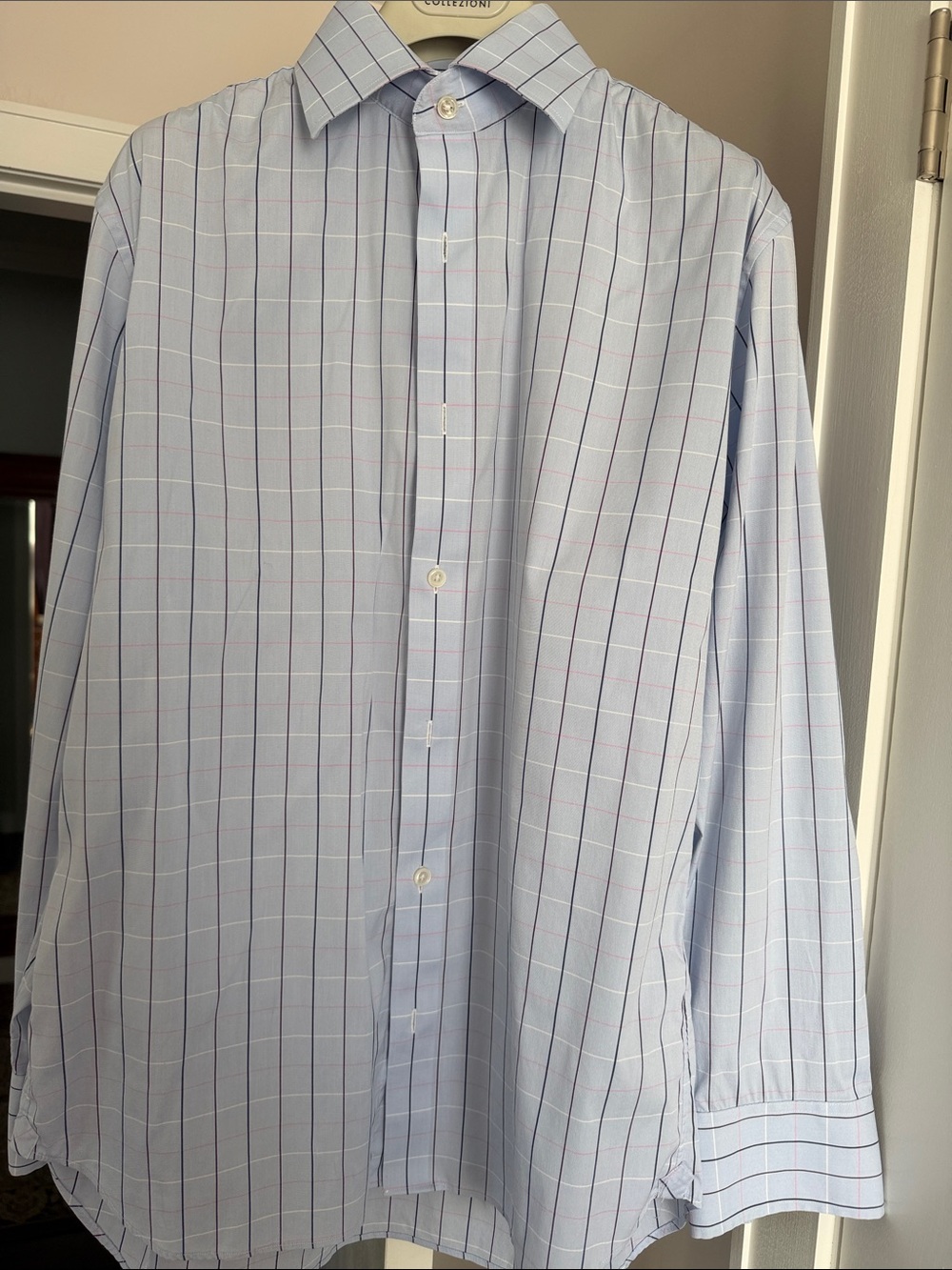 Bonobos stretch Blue Windowpane Dress Shirt Thin Navy  Red Lines slim 15,5/33